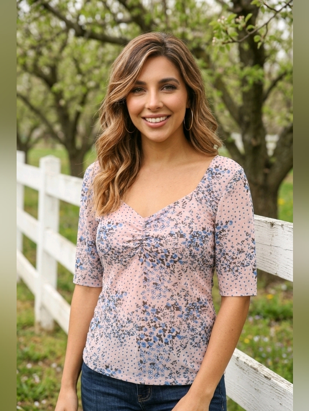 No Boundaries Pink Floral V-Neck Short Sleeve Top